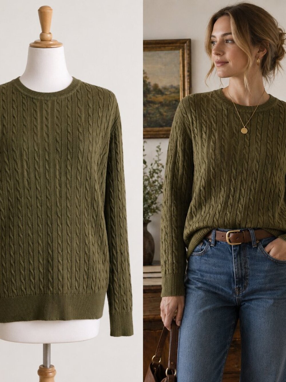 Kim Rogers Olive Cable Knit 100% Cotton Sweater Medium Cottagecore Dark Academia